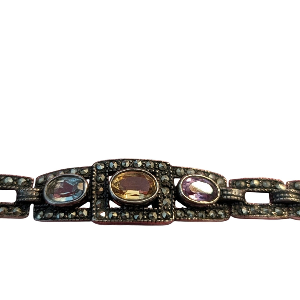 Vtg 7" Sterling Marcasite Amethyst Citrine Blue Topaz Fold Over Clasp Bracelet