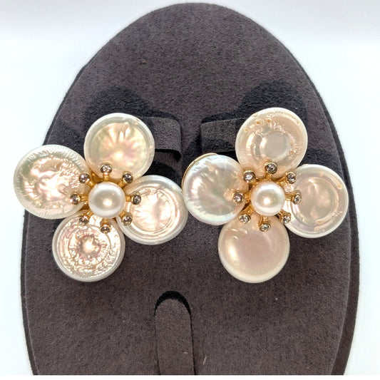 C & C California White Daisy Pearl Rhinestone Gold Tone Flower Earrings