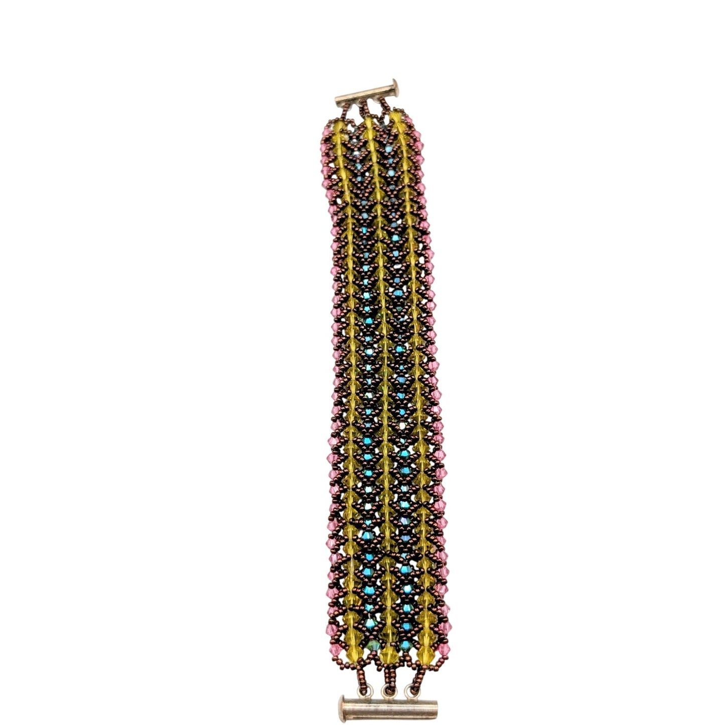 Hand Made Wide Woven Crystal Beaded Bracelet With Unique Slide In Barrel Clasp