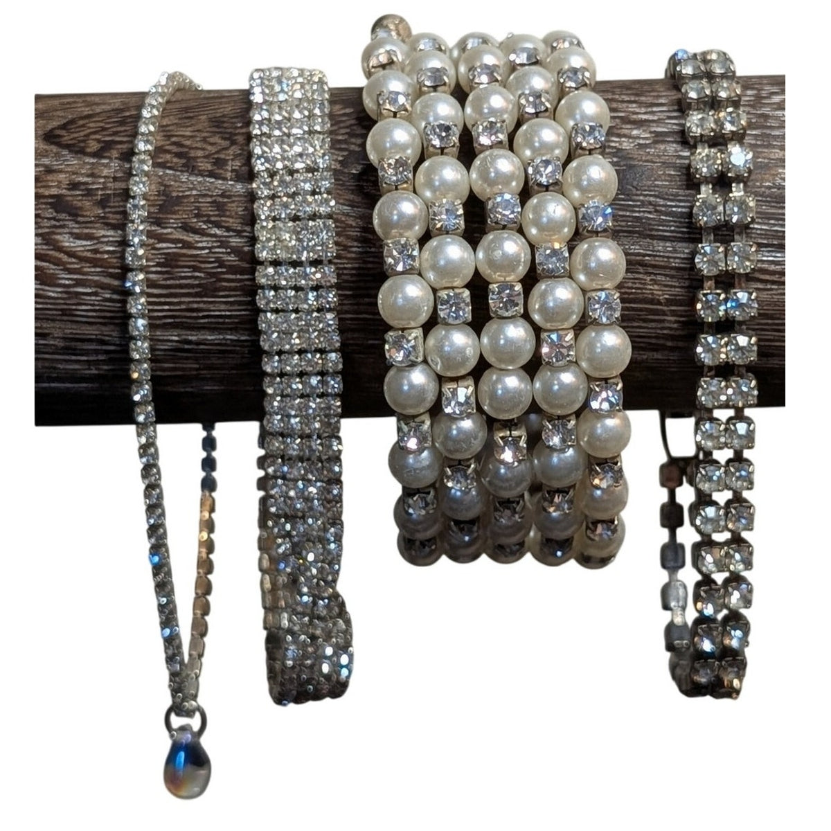 Lot of Four Vintage Pearl Rhinestone Silver Tone Bracelets