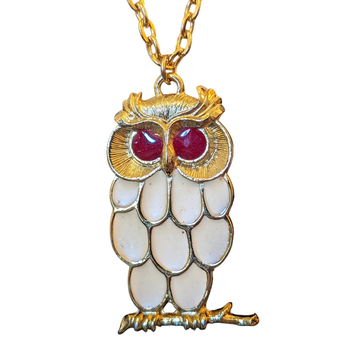 Sir R Cream Enamel Red Rhinestone Eyes Gold Tone Owl Pendant 24" Necklace