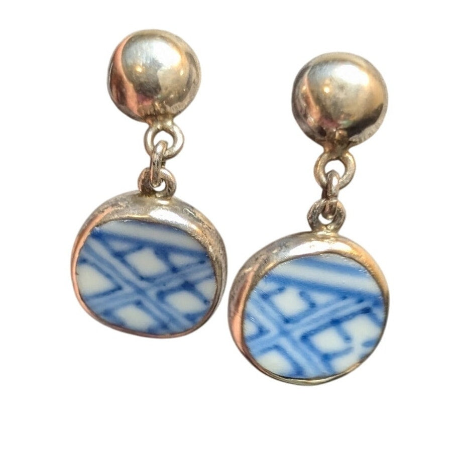 Vintage Minton Pottery Sterling Silver Ball Post Dangle Earrings