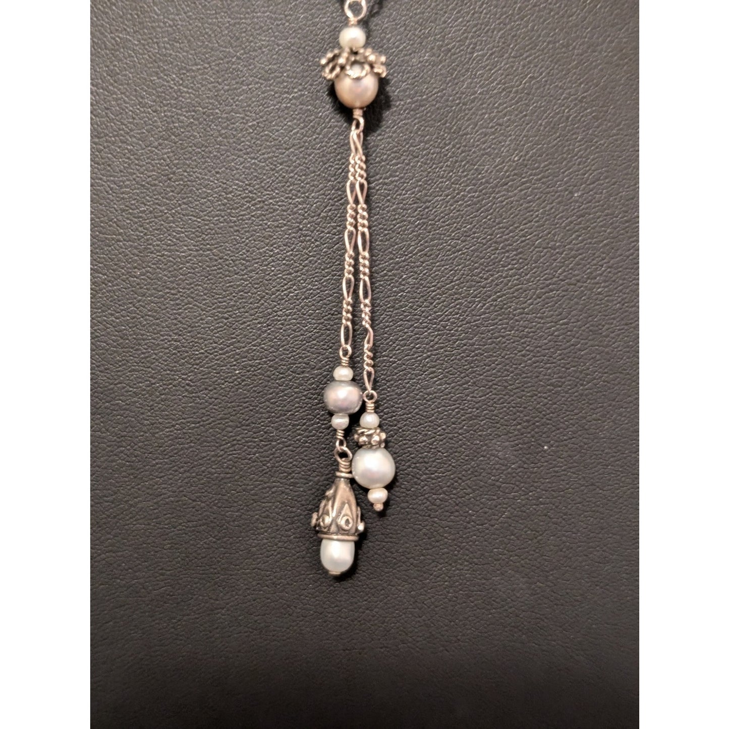 Vtg Sterling Silver Figaro Gray White Multi-Shaped Pearl Crystal Y Necklace