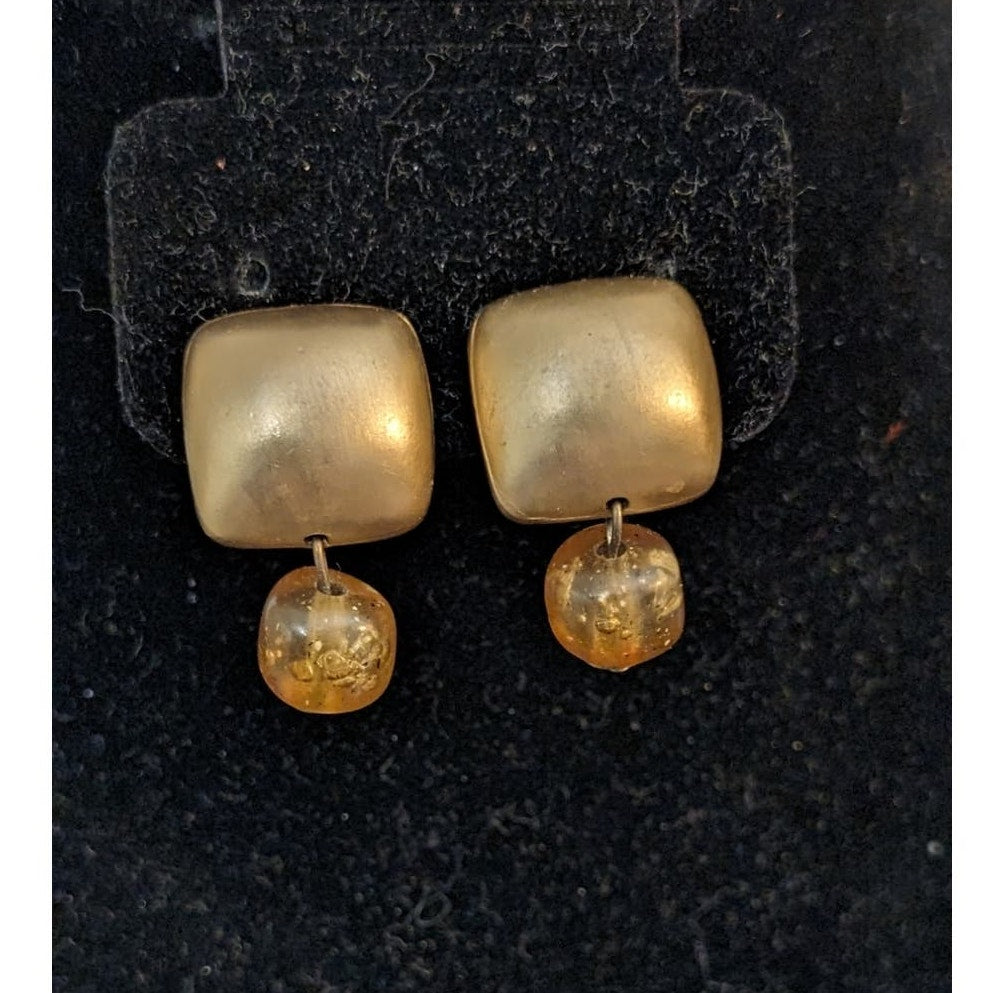 Two Pair Vintage 50s 60s Clip On Gold Tone Dangle Earrings
