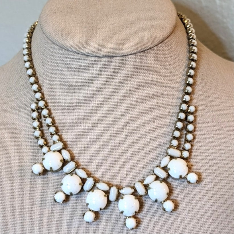 Vintage Prong Set Milk Glass Cabochon 16" Necklace W/ Hook Clasp