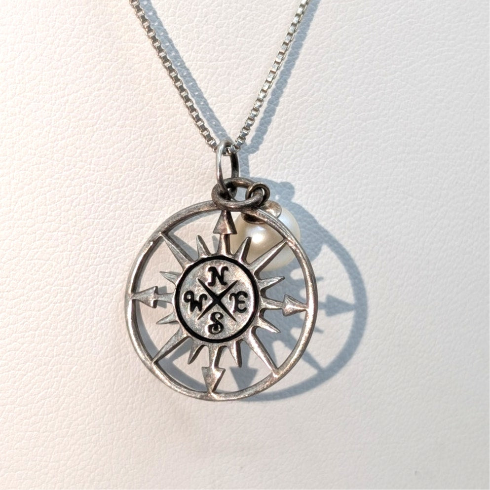 Vintage 925 Sterling Silver Compass Rose & Pearl Charms Box Chain 18.5" Necklace