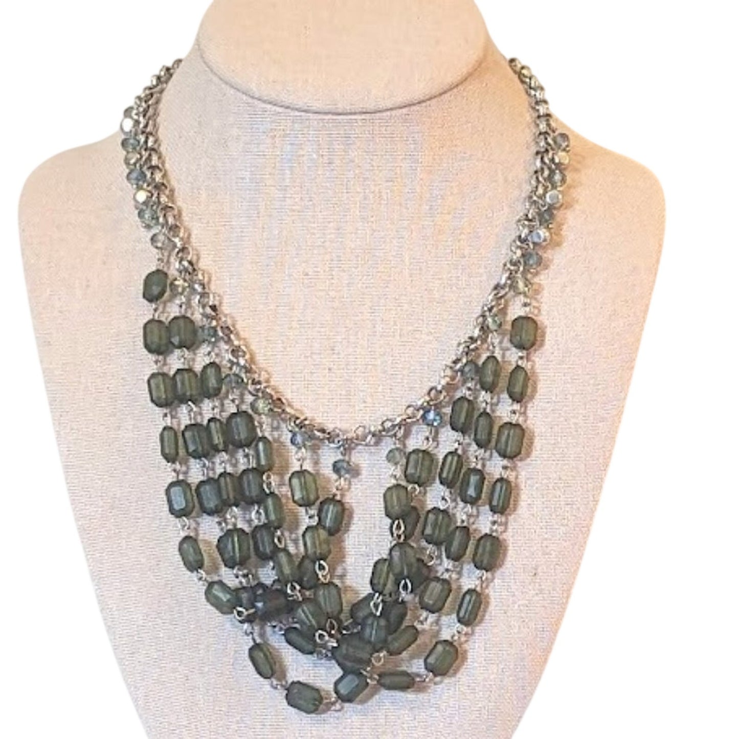 Cascading Bibbed Green Bead Silver Tone Statement Necklace