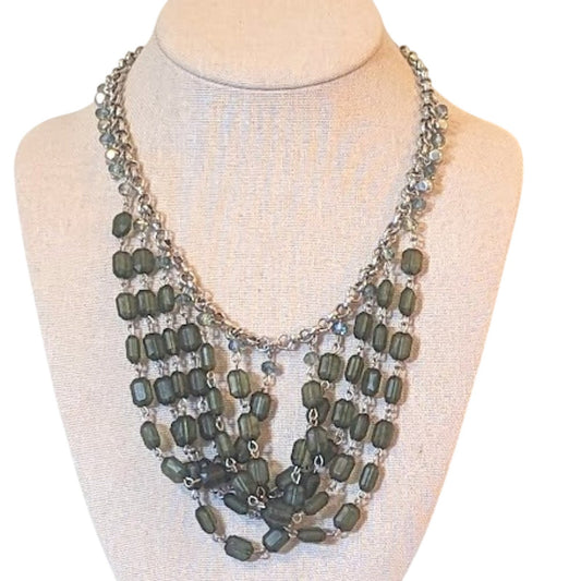 Cascading Bibbed Green Bead Silver Tone Statement Necklace