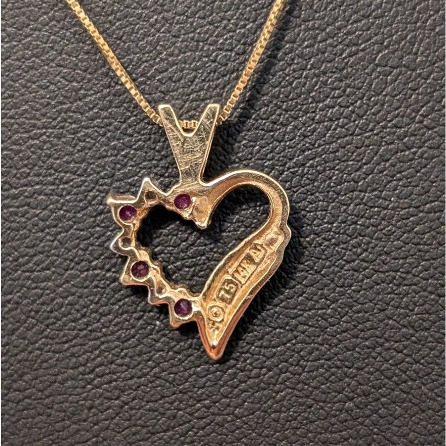 14K Yellow Gold Red Spinel Diamond Heart Pendant 20" 14K Box Chain Necklace
