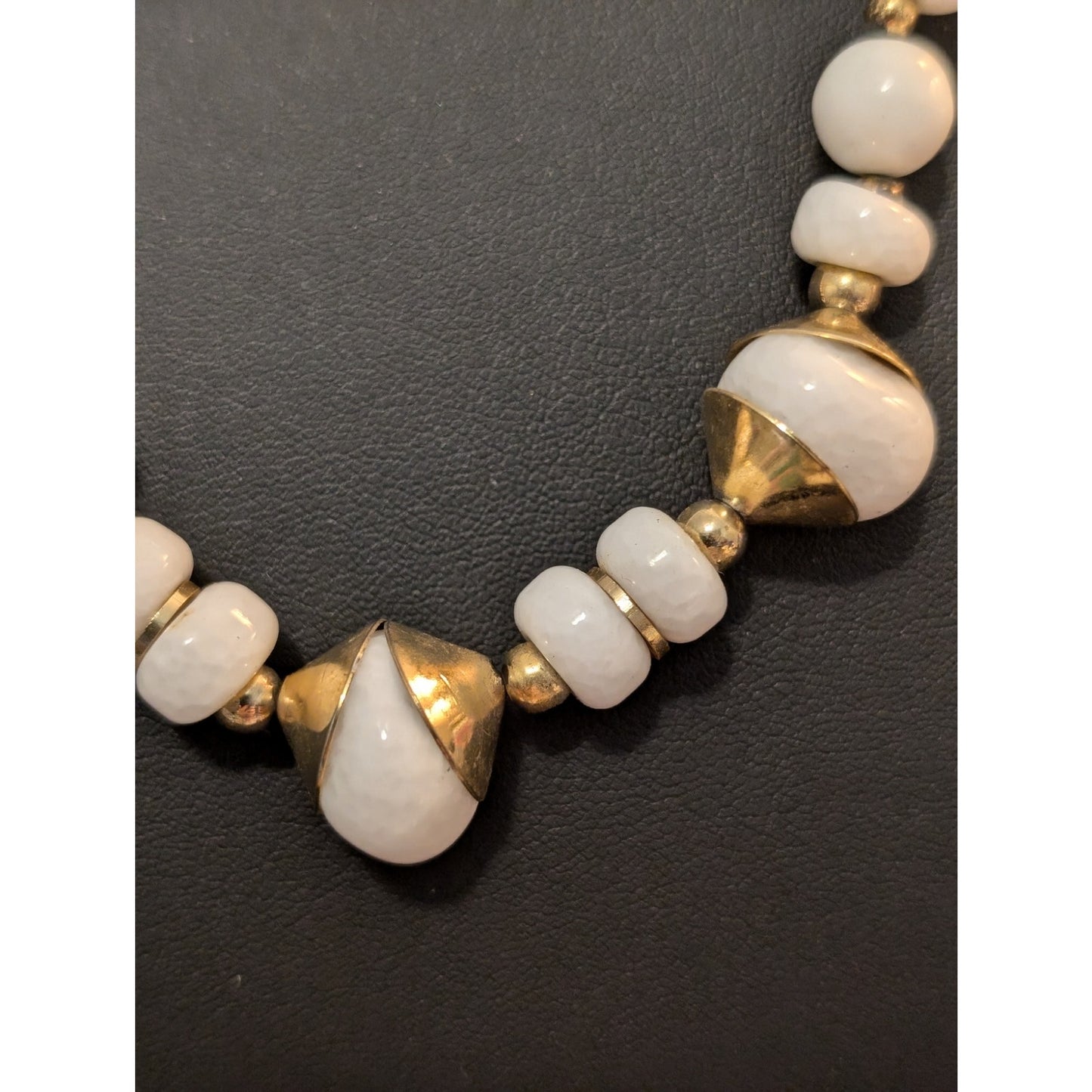 Vintage Milk Glass & Other Stone Graduated Bead Gold Tone 30" Necklace