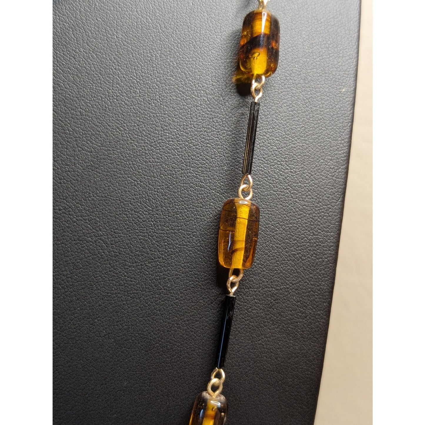 Vintage Amber Glass Black Bar Beaded 54" Long Necklace