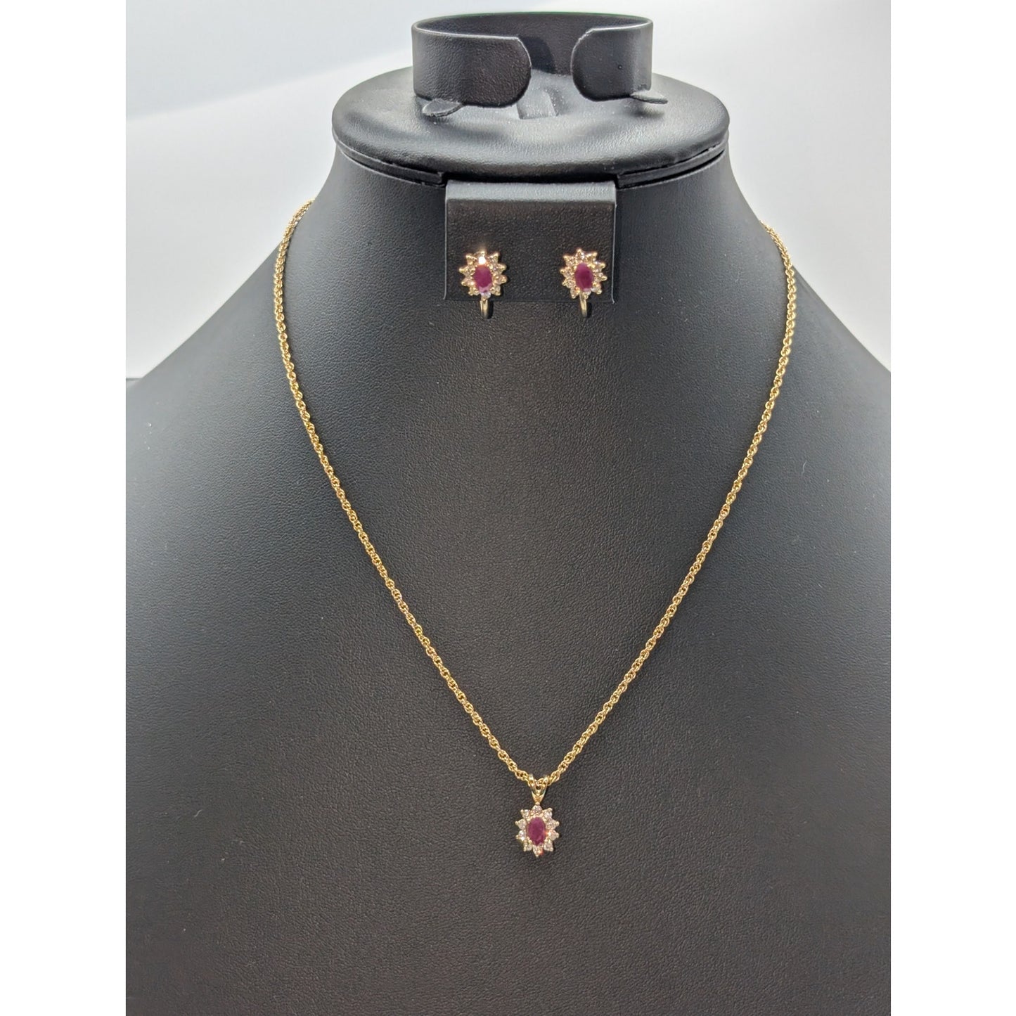 Vintage 1/20 14k Lab Created Ruby White Spinel Gold Tone Necklace & Earring Set