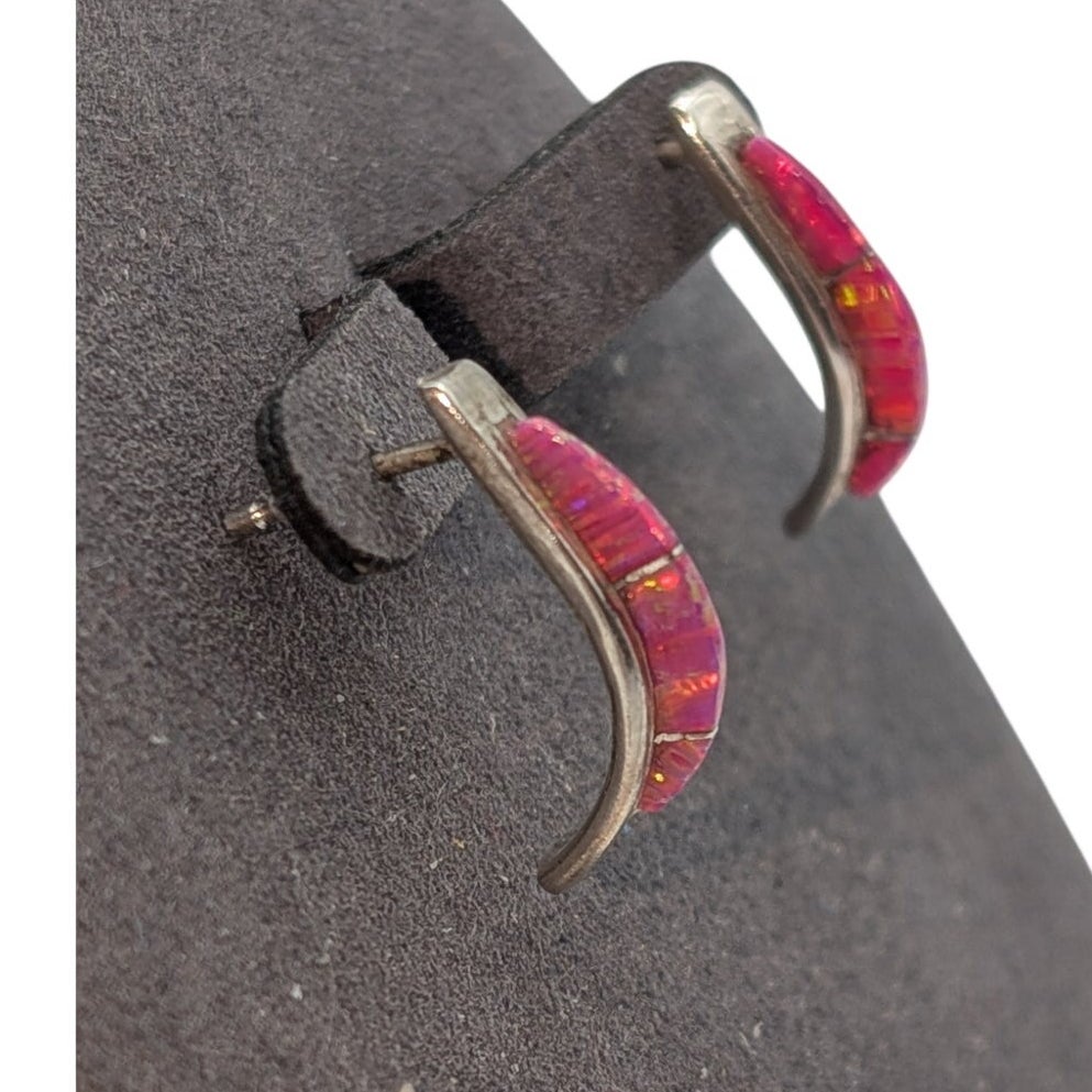 Vintage Sterling Silver Pink Opal Zuni Native American Curved Half Hoop Earrings