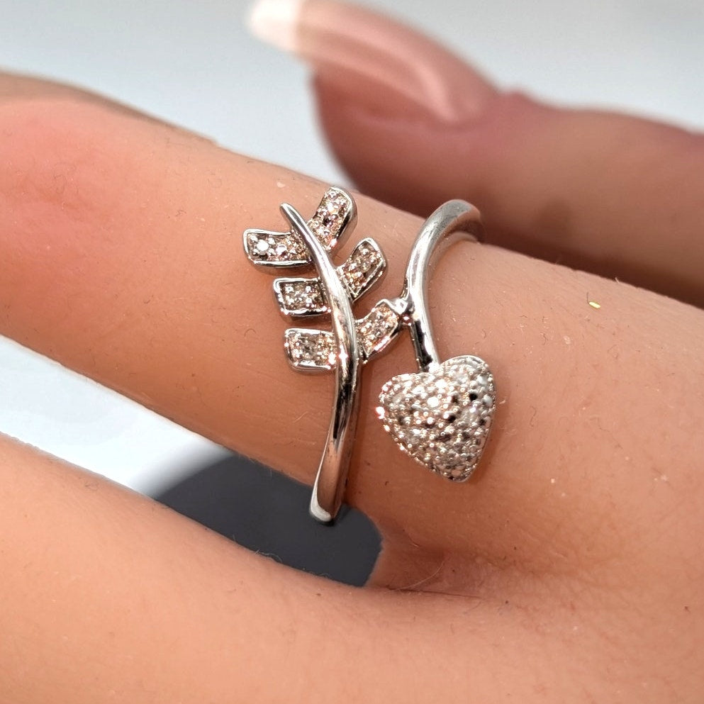 925 Sterling Silver Peace & Love Pave Diamond Ring Size 6.75