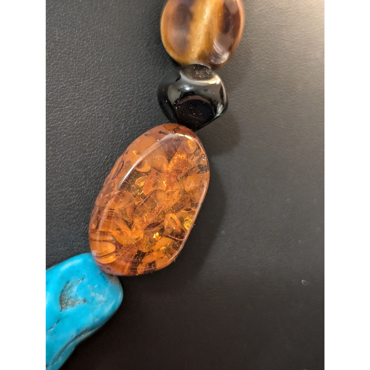 Chunky Faux Turquoise Amber Tiger Eye Black Onyx Beaded Necklace