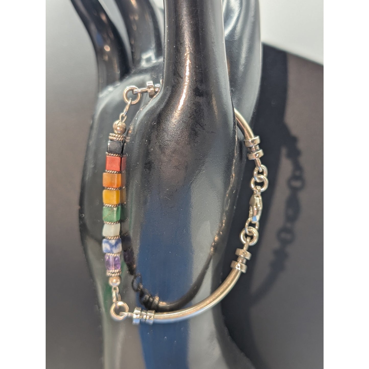 Vintage 925 Sterling Silver Natural Stone Square Bead Bar Link Bracelet