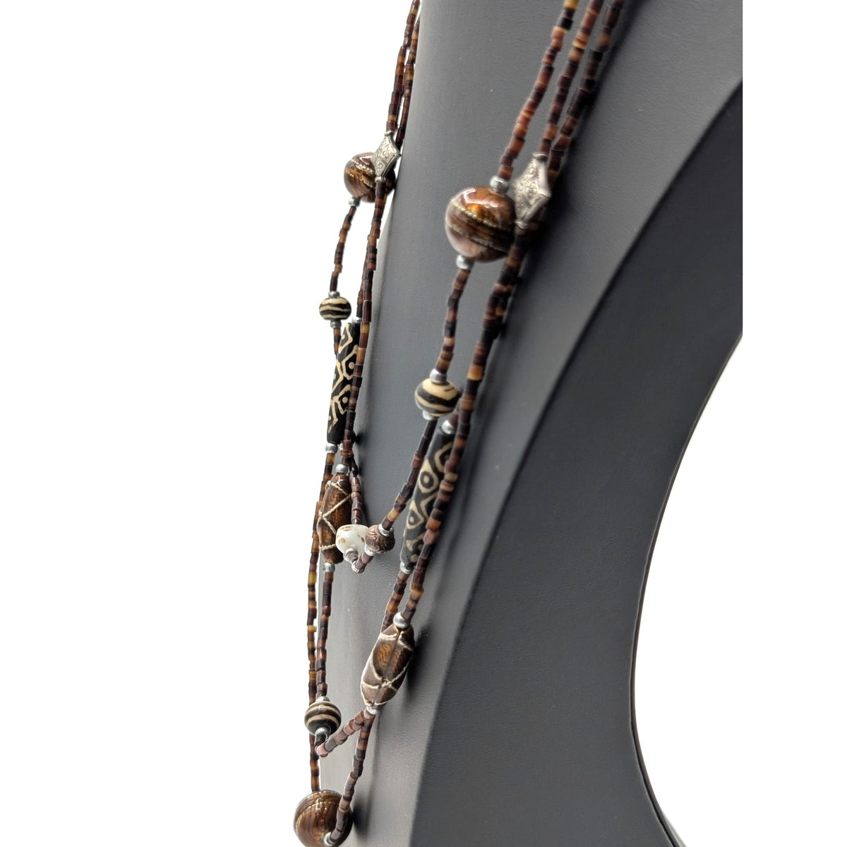 Chico's Art Glass Brown/Copper Silver Tone Bead Three Strand Tribal 32" Necklace