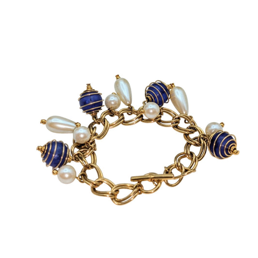 VTG Blue Cage Bead Faux Pearl Charm Gold Tone Chain Link Toggle Clasp Bracelet