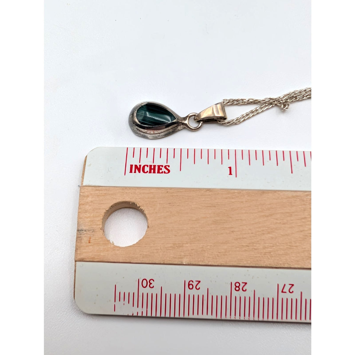 Vintage 925 Sterling Silver Malachite Teardrop Pendant 20" Chain Necklace