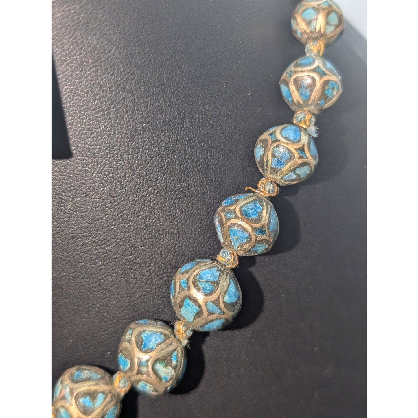 Antique Hand Made Ethnic Turquoise Inlay Non-Magnetic Graduated Bead Necklace