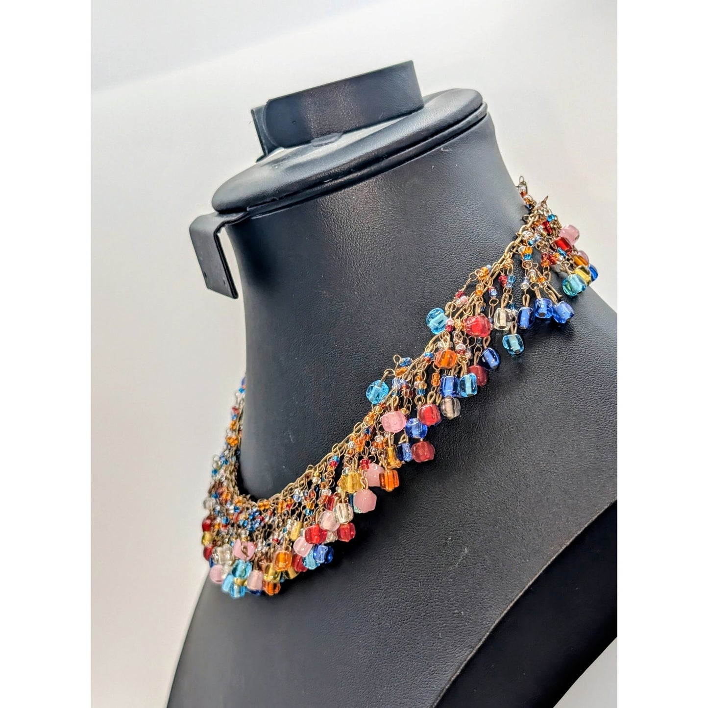 VTG Signed 'ZAD Murano Glass Style Cube Rainbow Beaded Fringe Collar Necklace