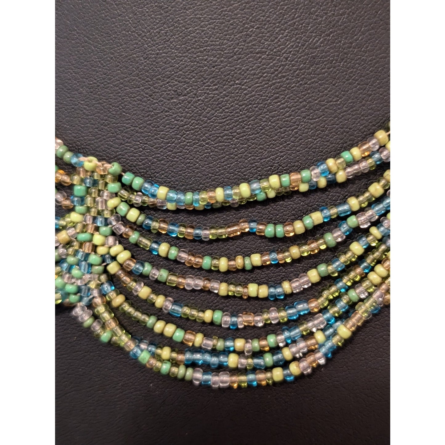 Hand Made Green Blue Seed Bead Multi-Strand Collar Necklace