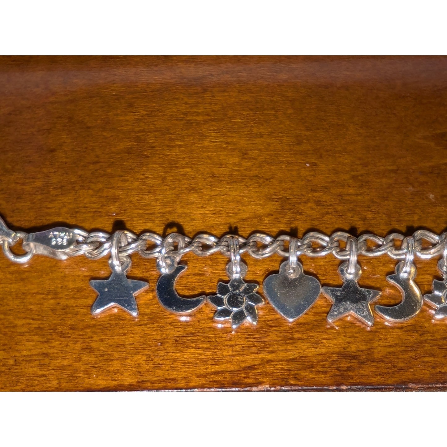 Vintage 925 Italy Sterling Silver Star Crescent Moon Flower Heart Charm Bracelet