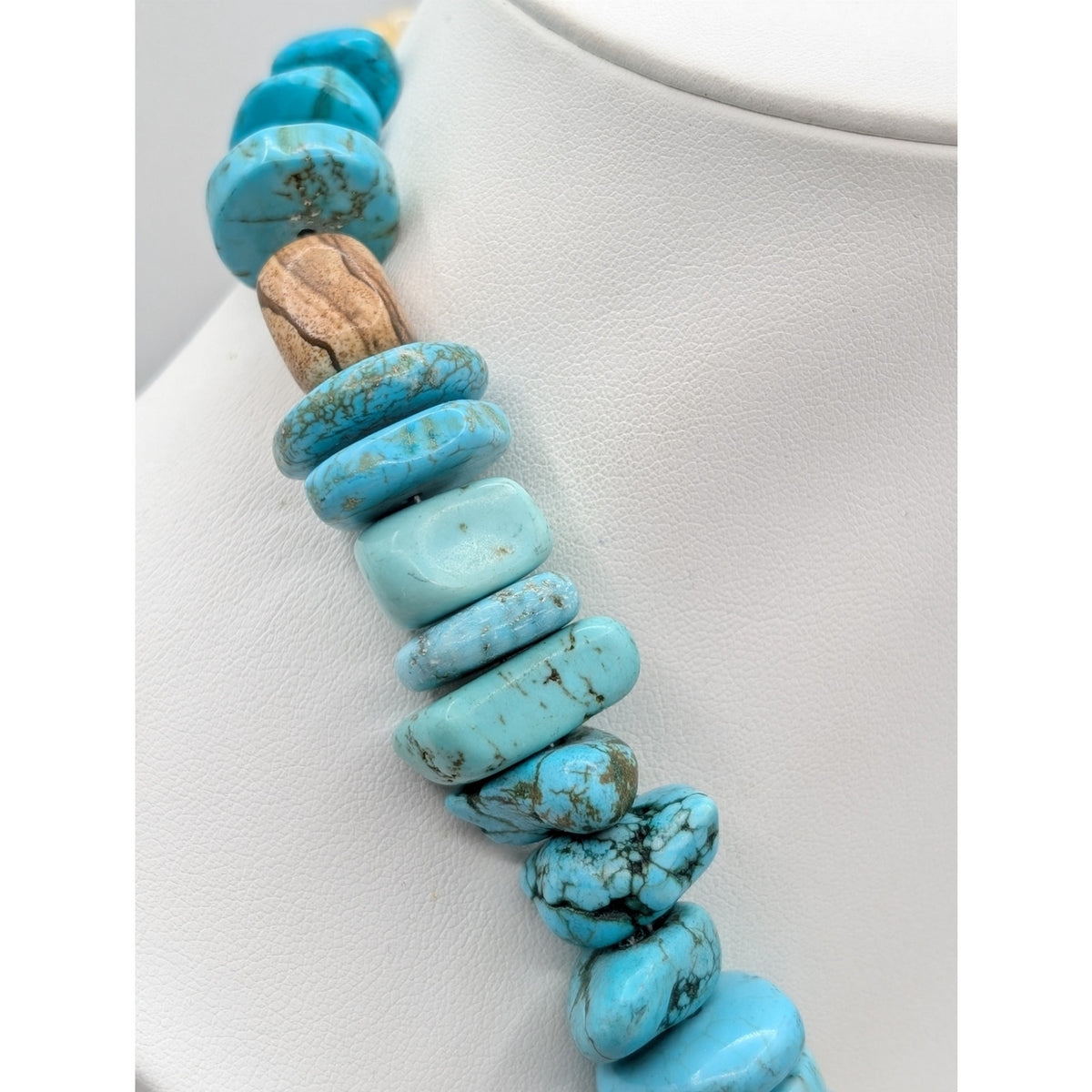 Chunky Southwestern Turquoise Tigers Eye Agate Bead Sterling Silver 30" Necklace