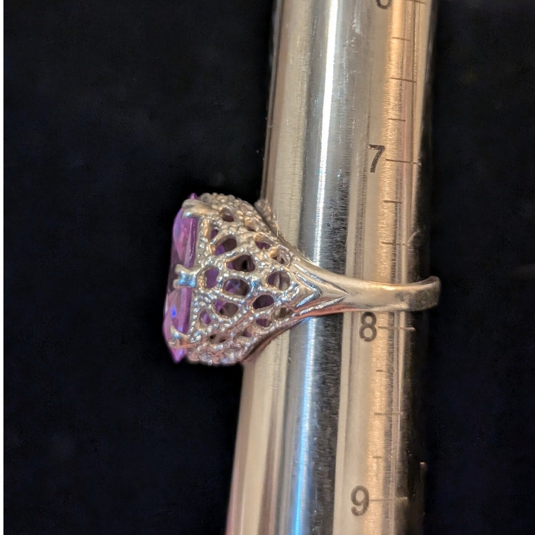 Large Brilliant Rose de France Crystal CZ 925 Sterling Filigree Ring Size 7.75