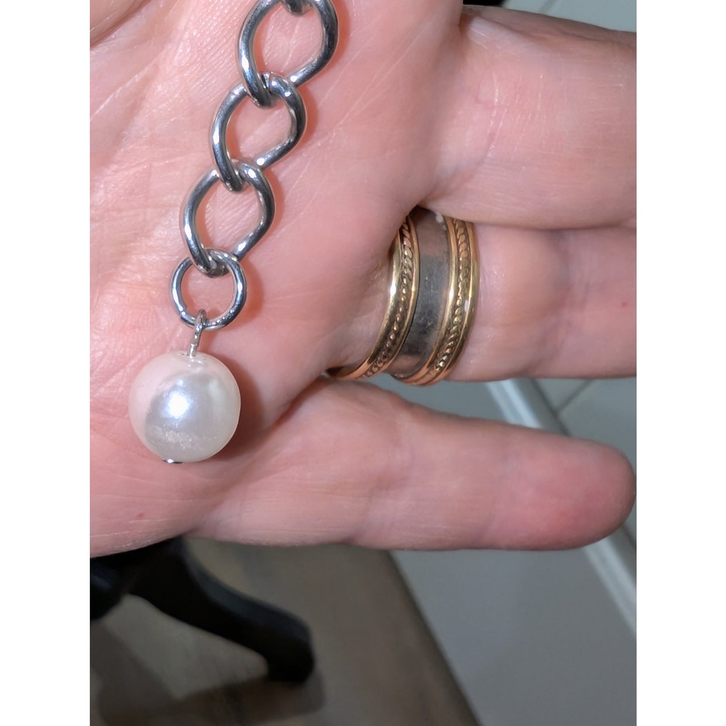 Vintage Silver Tone Three Strand Faux Pearl & Chain Link Belt 34"-45"