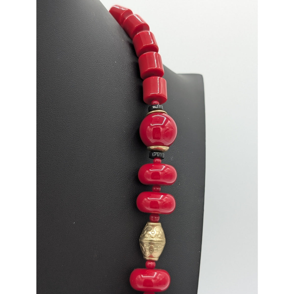 Chico's Chunky Heavy Red, Gold & Black Beaded 34"-40" Statement Necklace