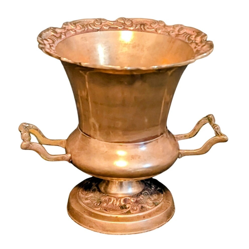 Vintage Embossed Brass Pedestal Champagne Bucket Urn With Handles