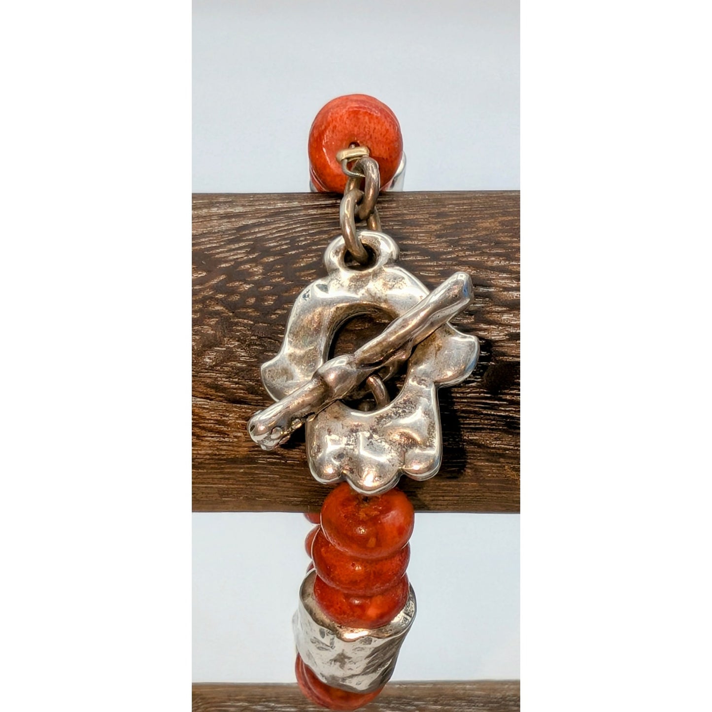 VTG DANON Made in Israel Signed Coral Silver Plated Beaded Toggle Clasp Bracelet
