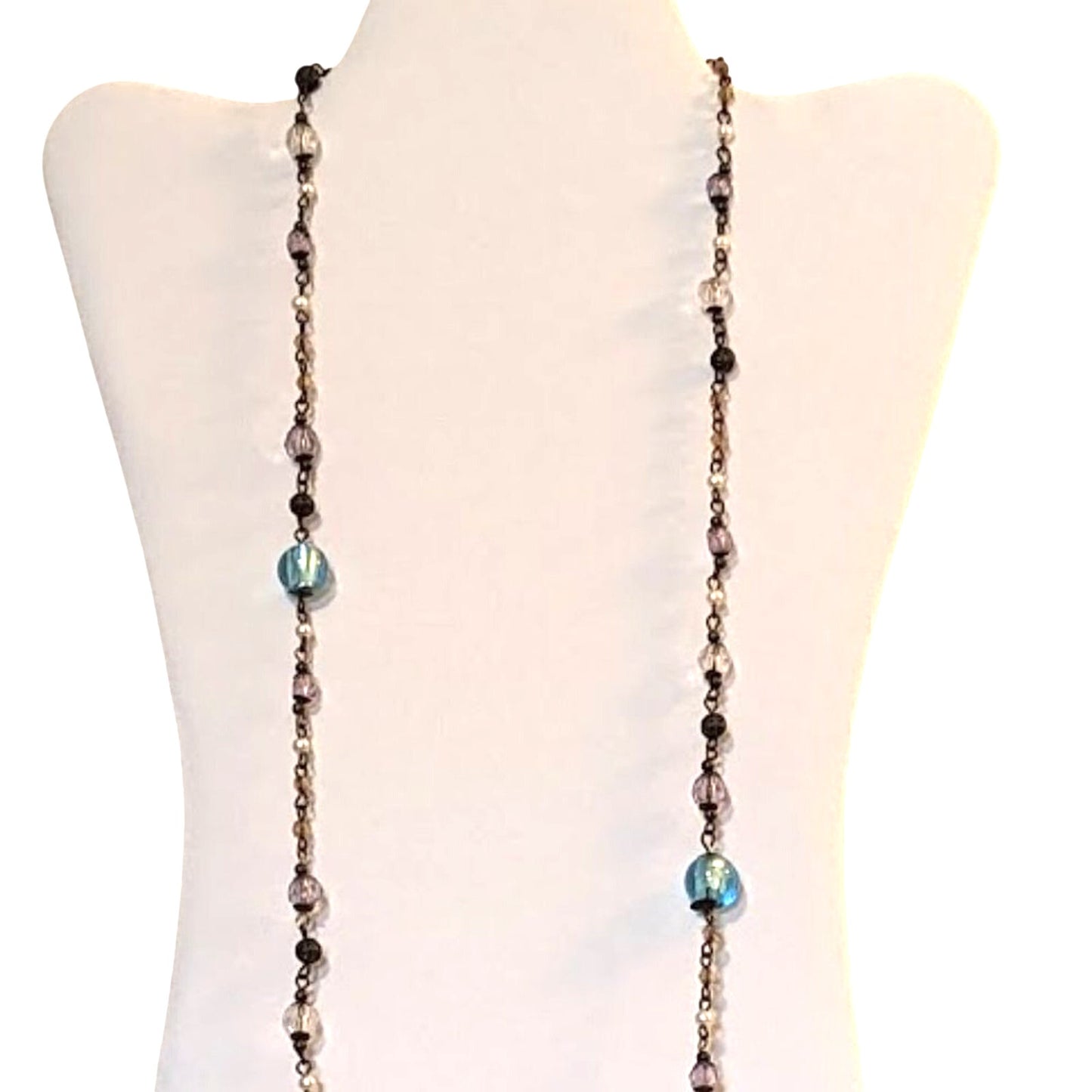 Boho Antiqued Bronze Glass Filigree Metal & Faux Pearl Bead Chain 42" Necklace