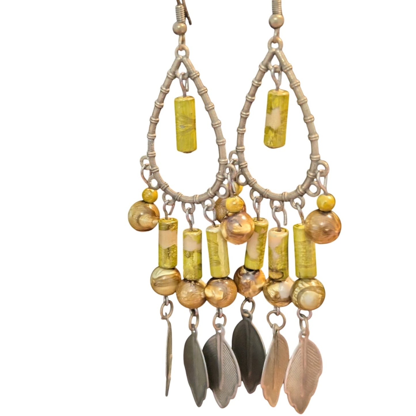 Vintage Boho Green Bead Leaf Dangle Antique Metal Earrings