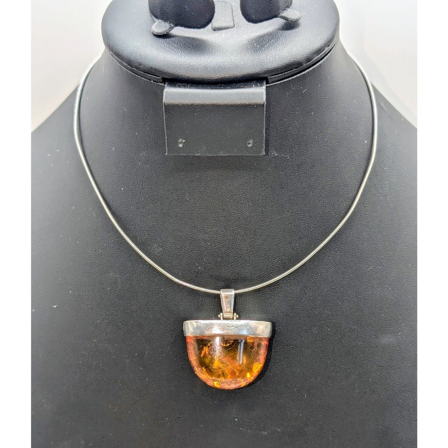 VTG 925 Sterling Silver Baltic Amber Pendant On Sterling 15.5" Cord Necklace