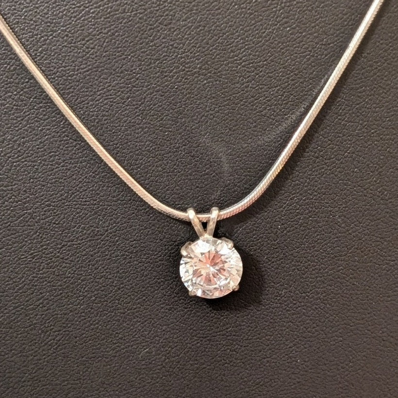 Lg CZ Solitaire Pendant on 24" 925 Italy Sterling Square Snake Chain Necklace