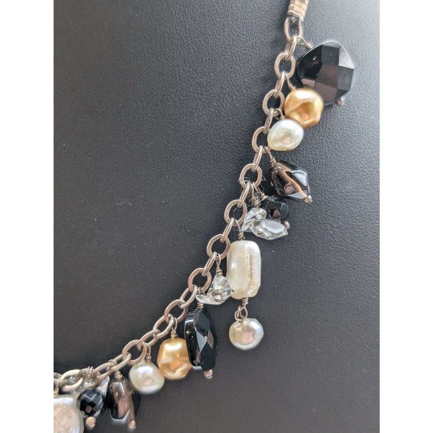 925 Sterling Silver Double Strand Cord Pearl Tourmaline Quartz Dangle Necklace