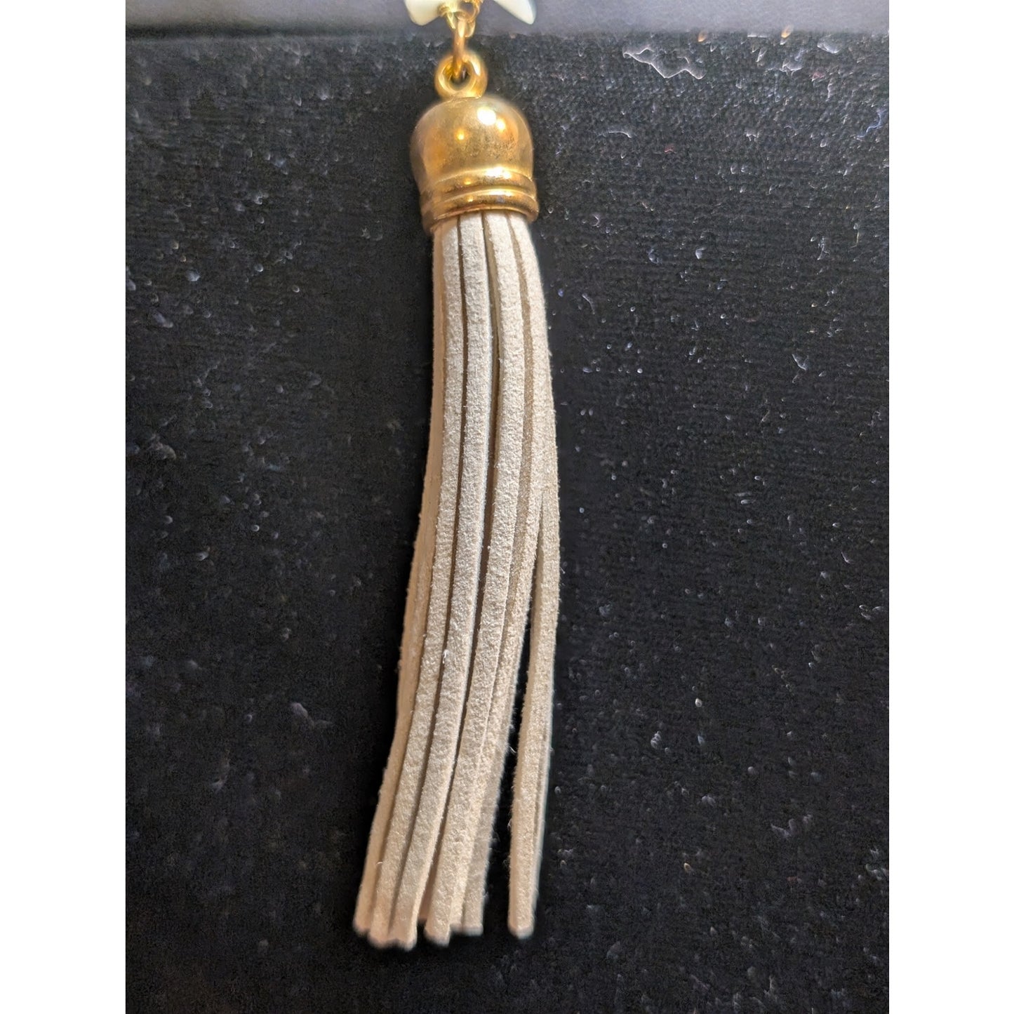 Blue Stone Chip Rosary Chain Leather Tassel Boho 36" Long Necklace