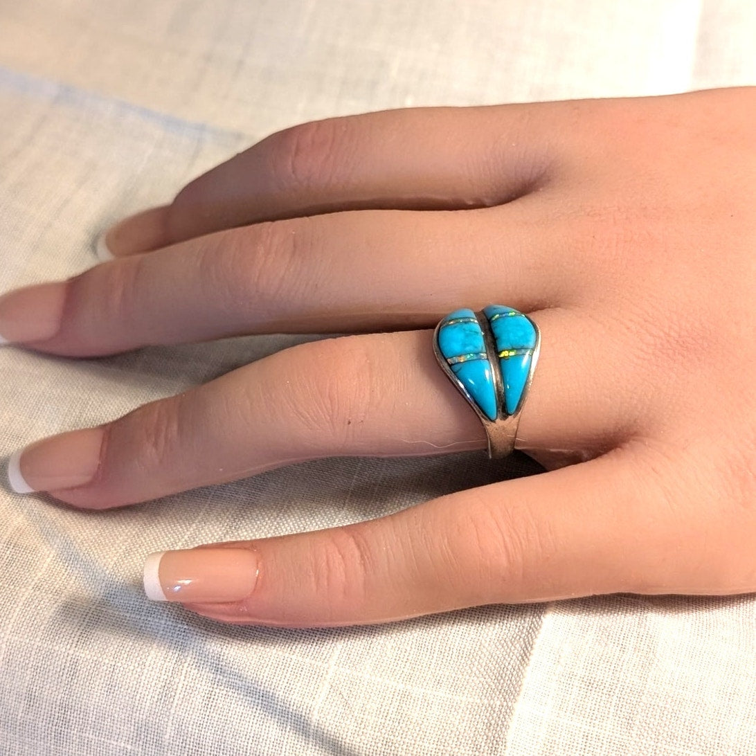 VTG Hallmark Stamped 'Feather Sterling' Turquoise Opal Inlay Ring Sz 6.5-6.75
