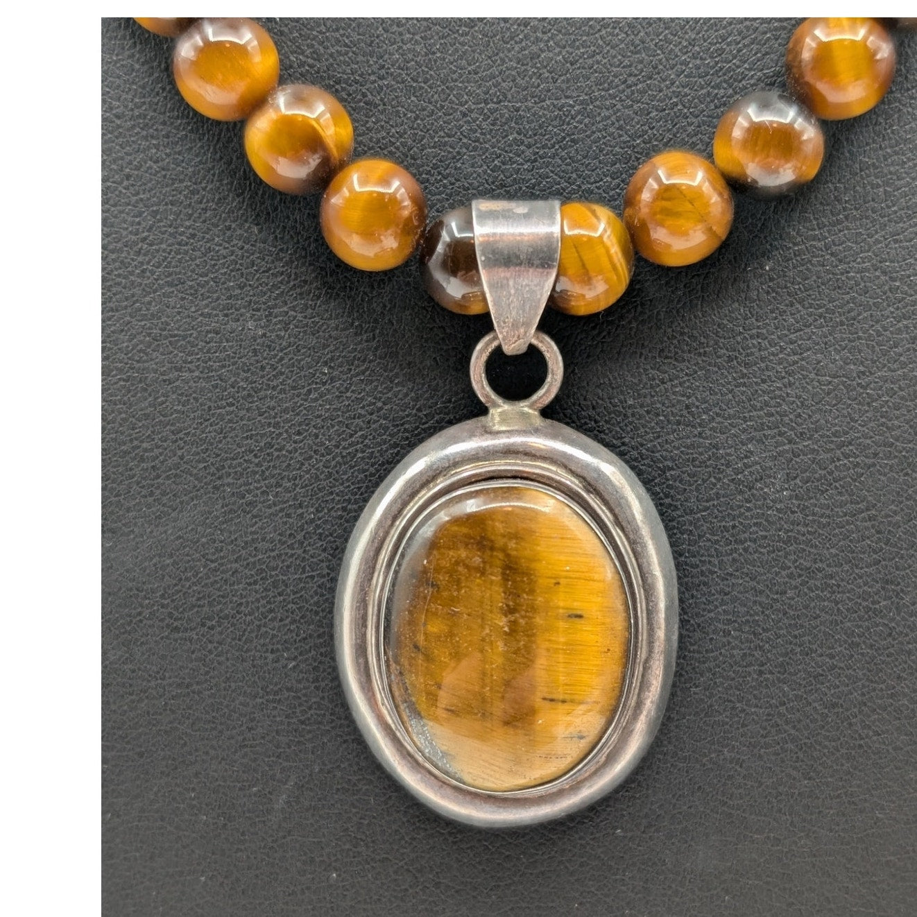 Vtg 925 Sterling Tiger's Eye Beaded Bezel Set Pendant Toggle Clasp 20" Necklace