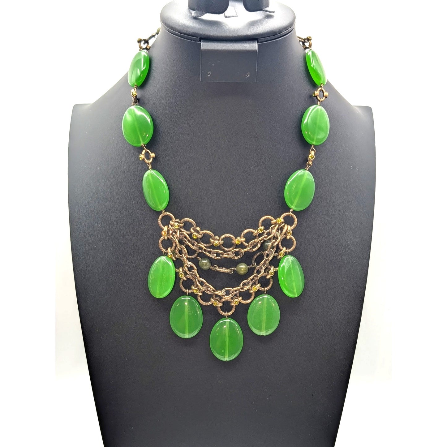 Vintage 80s Marked Kiam Family Glass Brass Rhinestone Stone Necklace