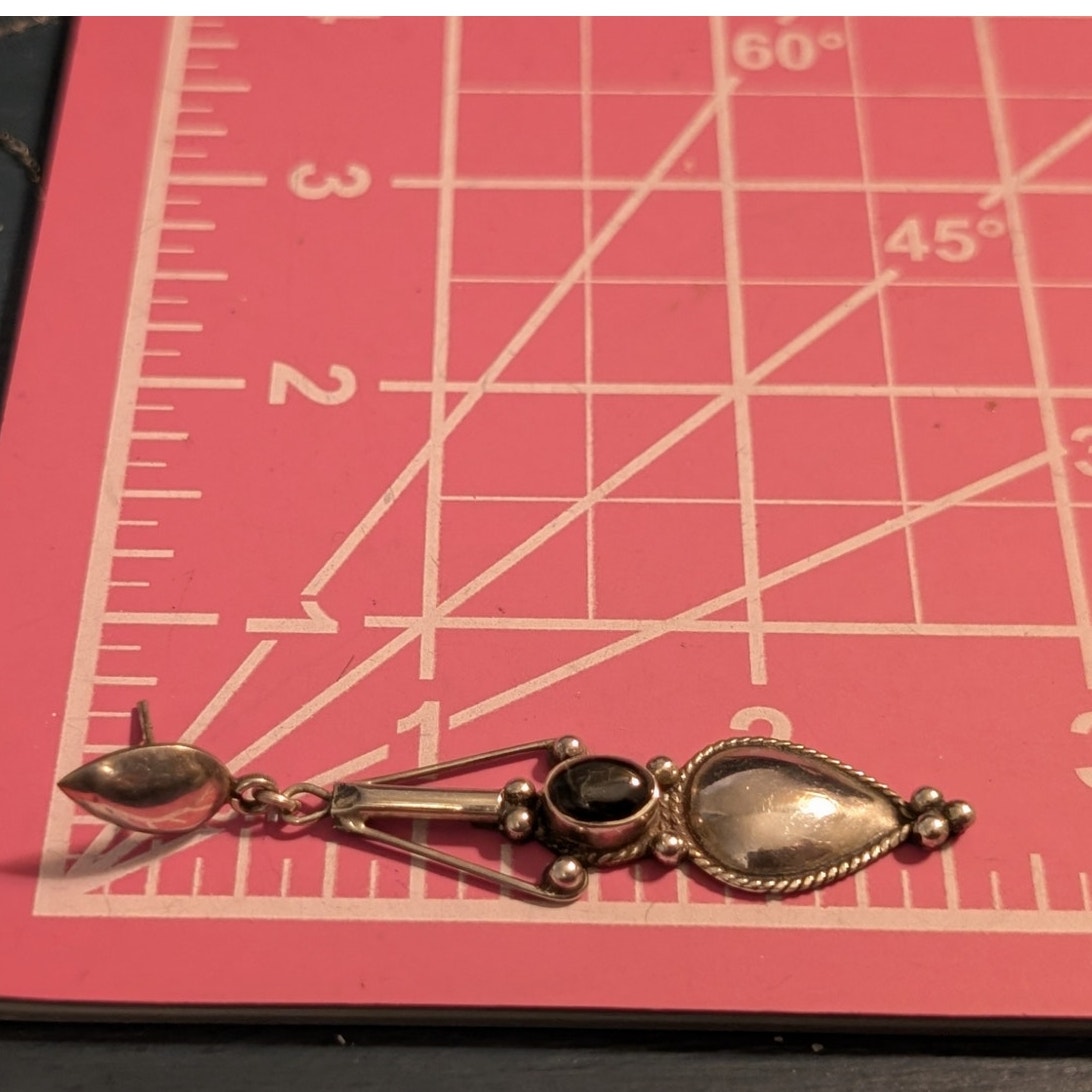 Vintage 925 Sterling Silver Bezel Set Onyx Long Dangle Post Pierced Earrings