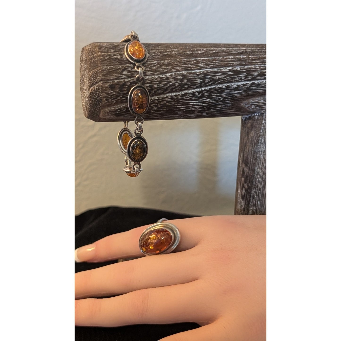 Vintage Polish Gdansk Amber 925 Ring & Amber Marked KW 925 Bracelet Set