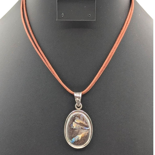 925 Sterling Silver Australian Boulder Opal Pendant 16" Silpada Cord Necklace