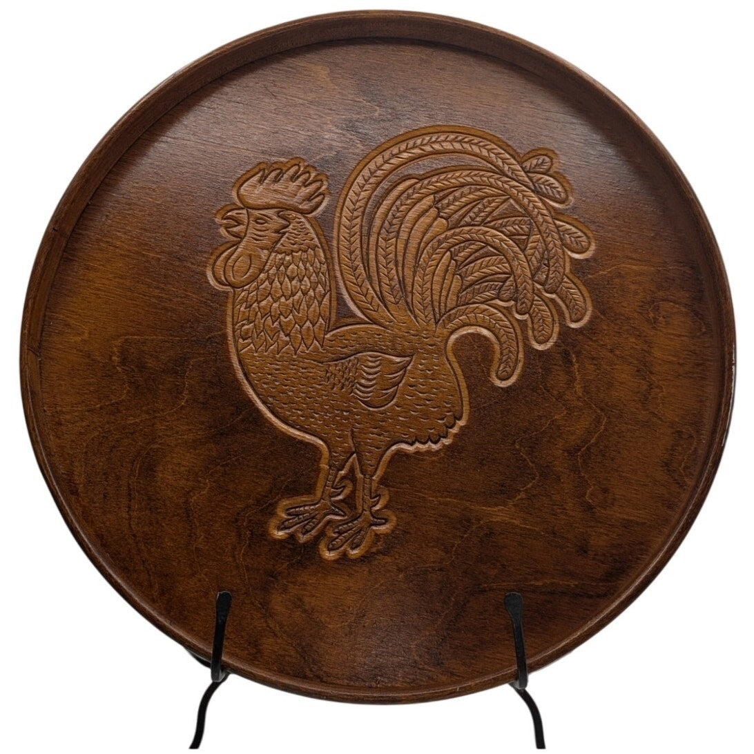 Vintage Carved Rooster Serving or Hanging 14.5" Round Tray W/ Sides