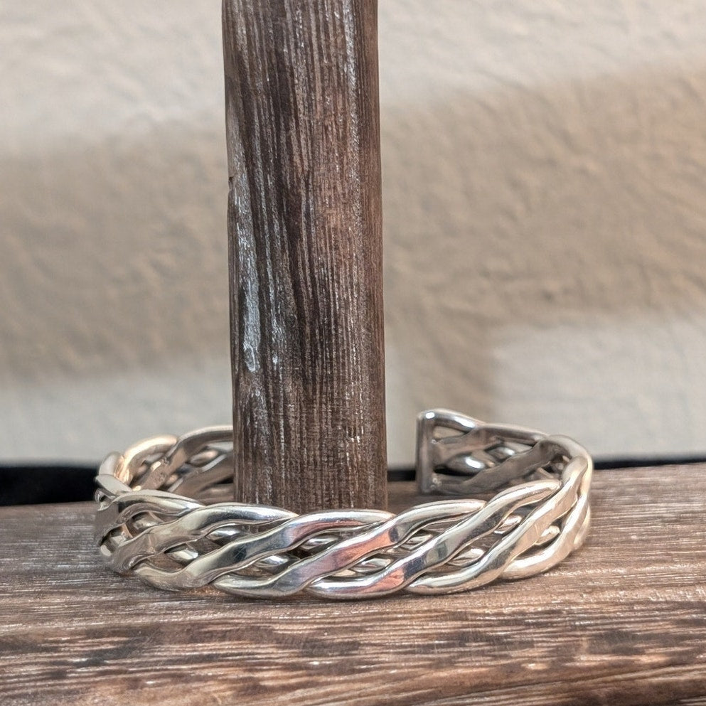 Vintage Mexico 925 Sterling Silver Flat Four Strand Woven Cuff Bracelet