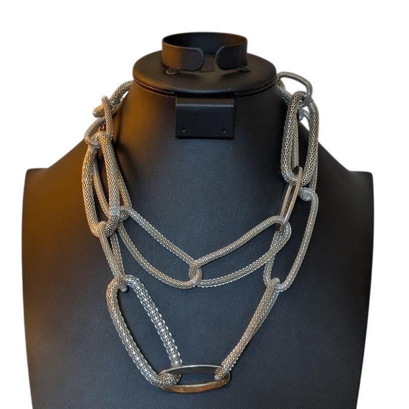 Vintage Chico's Mesh Link Silver Tone Long Statement 34" Necklace