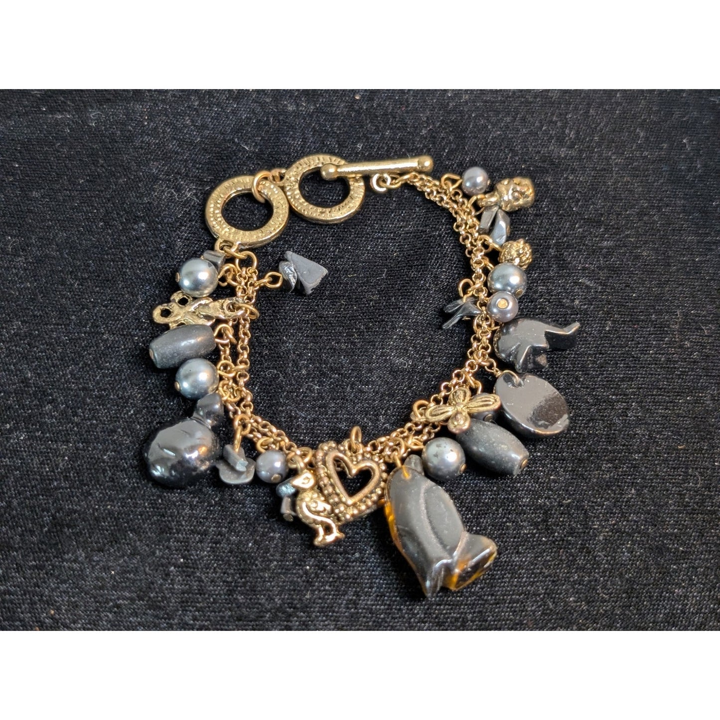 Vintage Antique Gold Tone Carved Glass Animal Gray Pearl Charm Toggle Bracelet