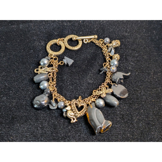 Vintage Antique Gold Tone Carved Glass Animal Gray Pearl Charm Toggle Bracelet